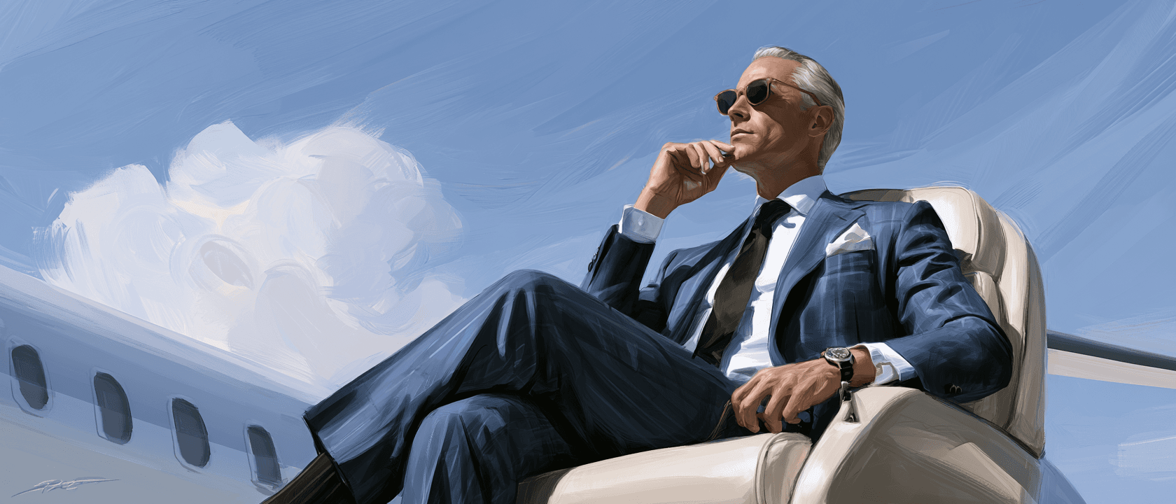 Travelmaxxing: a relaxed traveler in a suit and sunglasses reclining in a plane seat against a clear blue sky